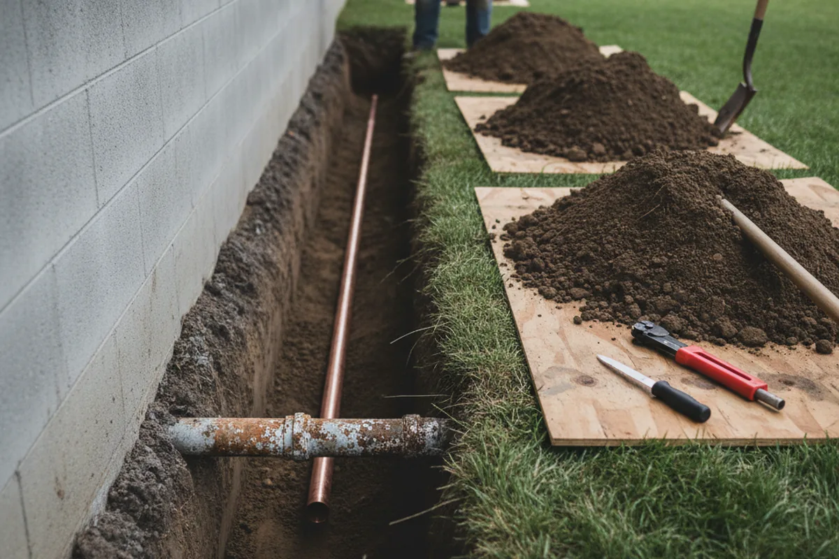 Excavated water line trench during Water Softener Installation in Heilwood